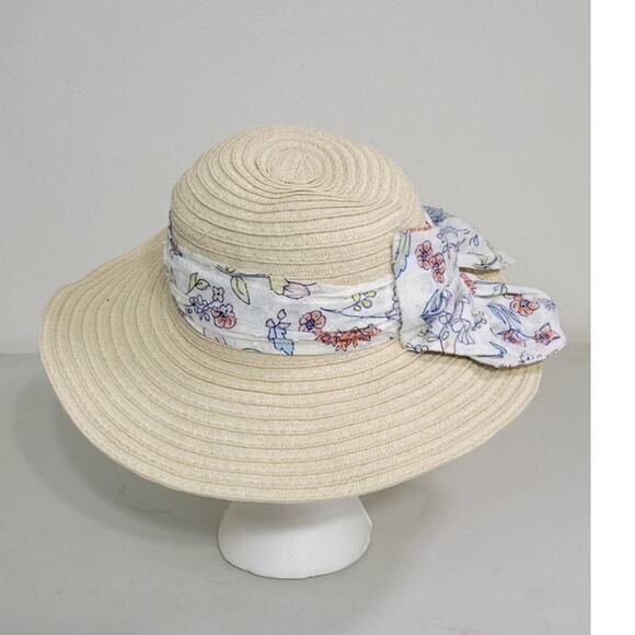 Sun Hat Wide Brim Straw Hat Floral Ribbon Bow Fun Vacation Cruise Travel Hat OS - Picture 5 of 8